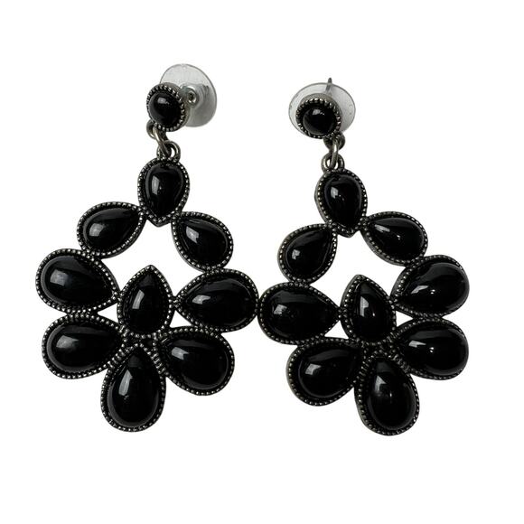 Black Statement Necklace and Earring Set Silver Tone Bold Teardrop Faceted Bold - Picture 6 of 13